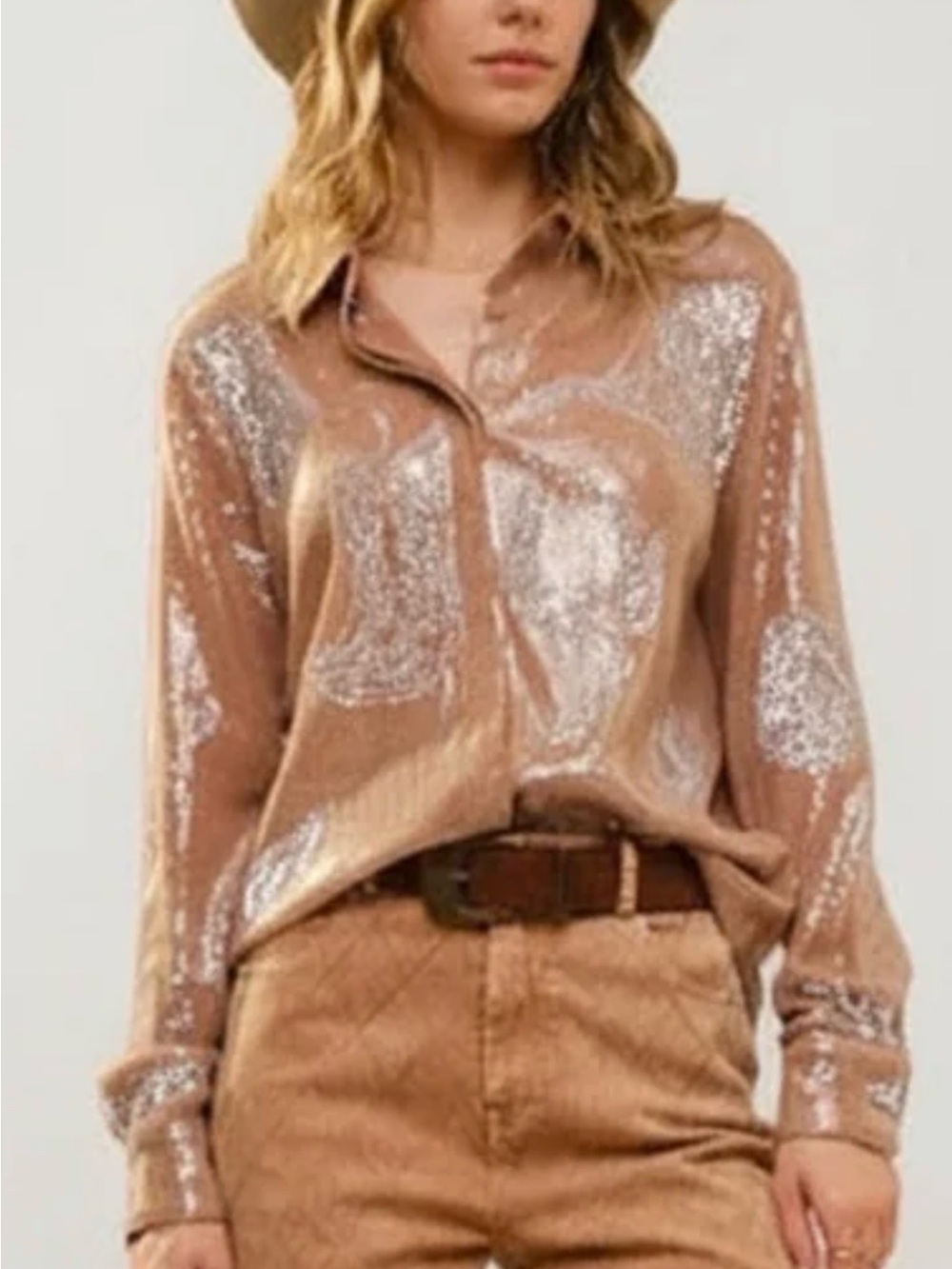 Blue B Western Embroidered Sequin Button Down Blouse S with stretch